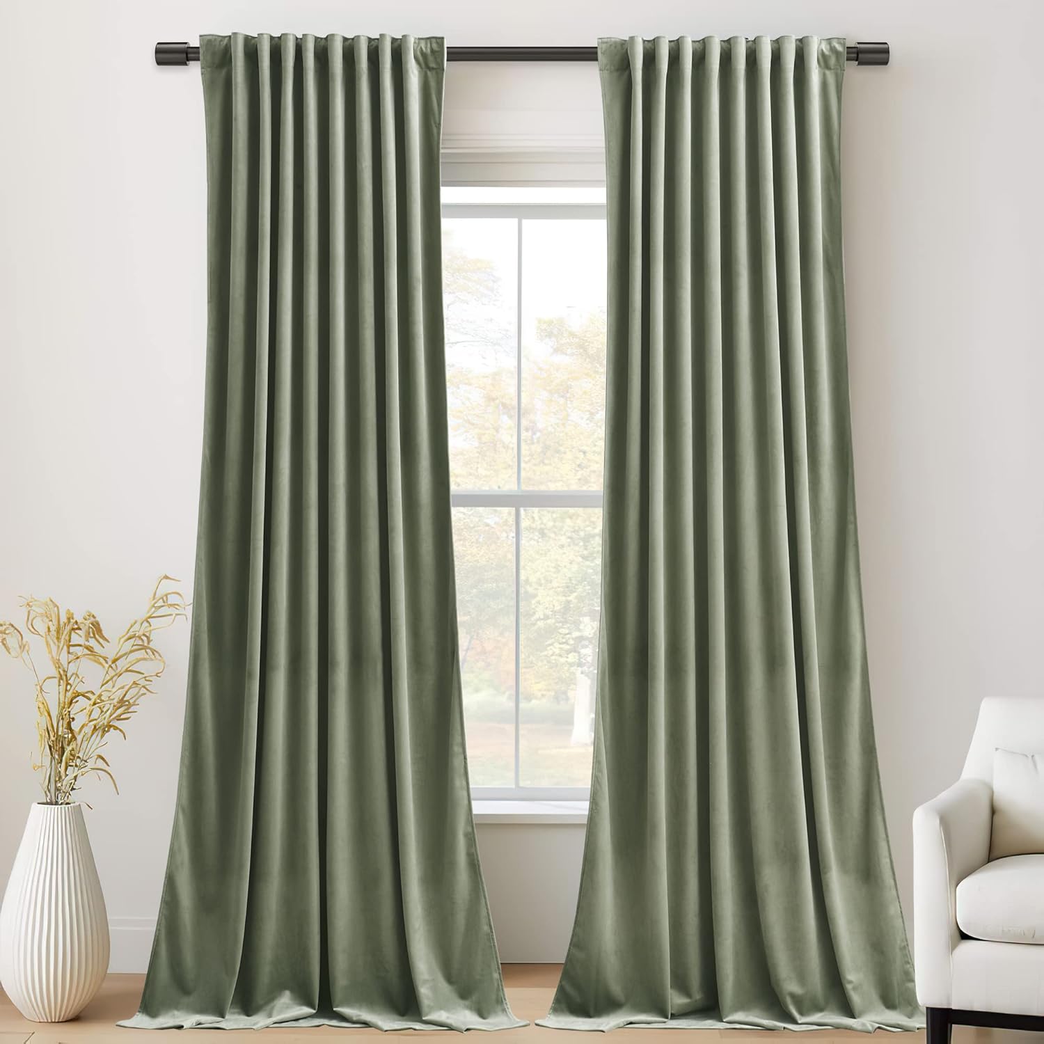 StangH Sage Green Velvet Curtains 120in - Elegant Thermal Drapes
