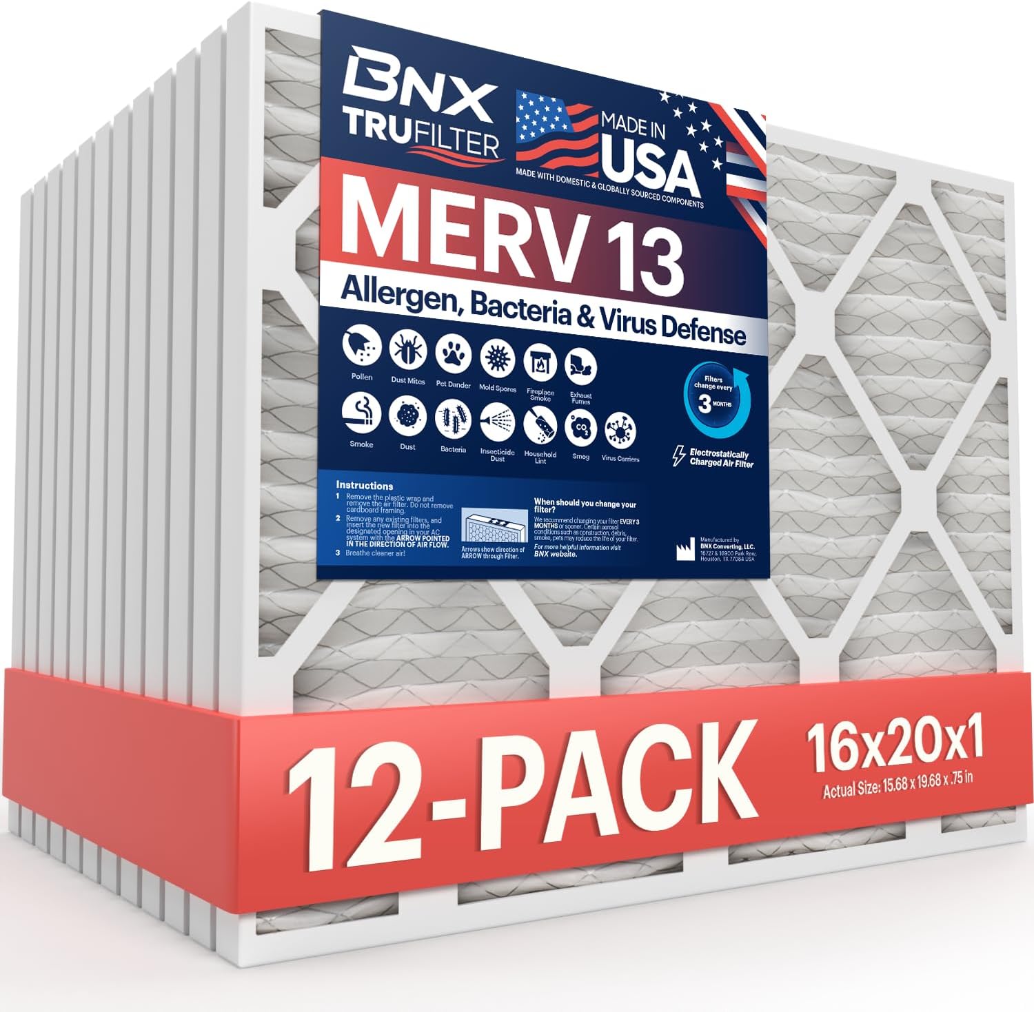 BNX TruFilter 16x20x1 MERV 13 Air Filter for HVAC Systems
