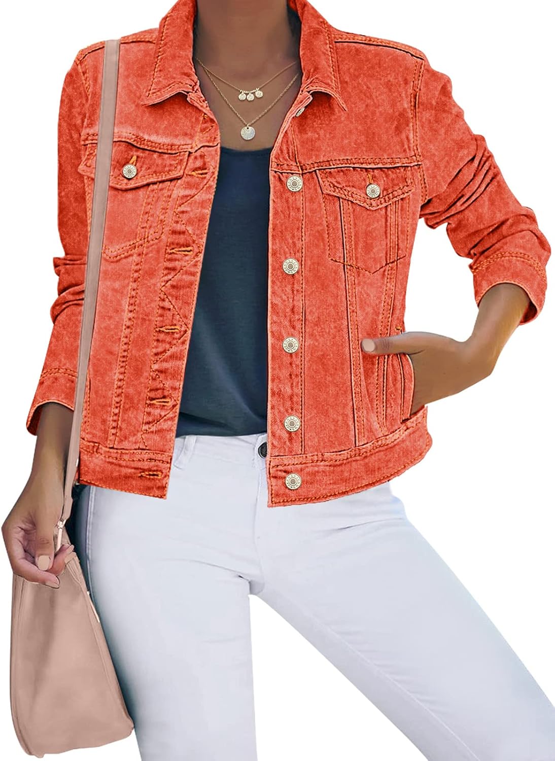 Luvamia Women's Basic Button Down Stretch Fitted Denim Jacket