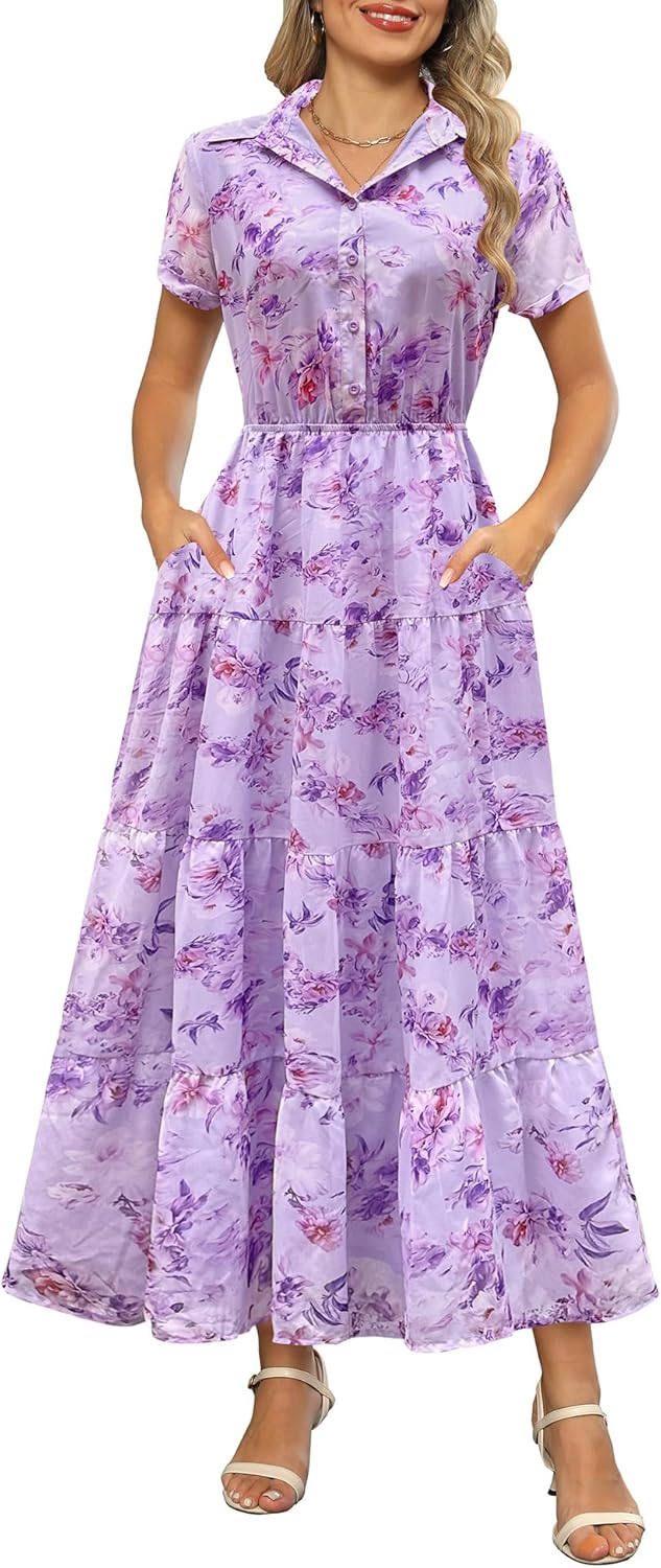 Kranda Women Collared V Neck Floral Maxi Dress with Pockets