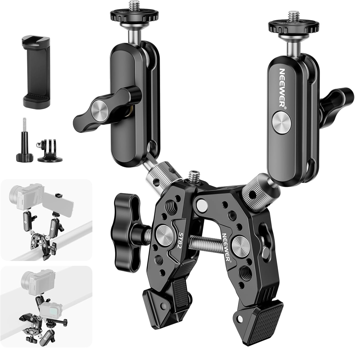 NEEWER Heavy Duty Super Clamp with Dual Ball Head Magic Arms - Secure Mount for Multiple Devices