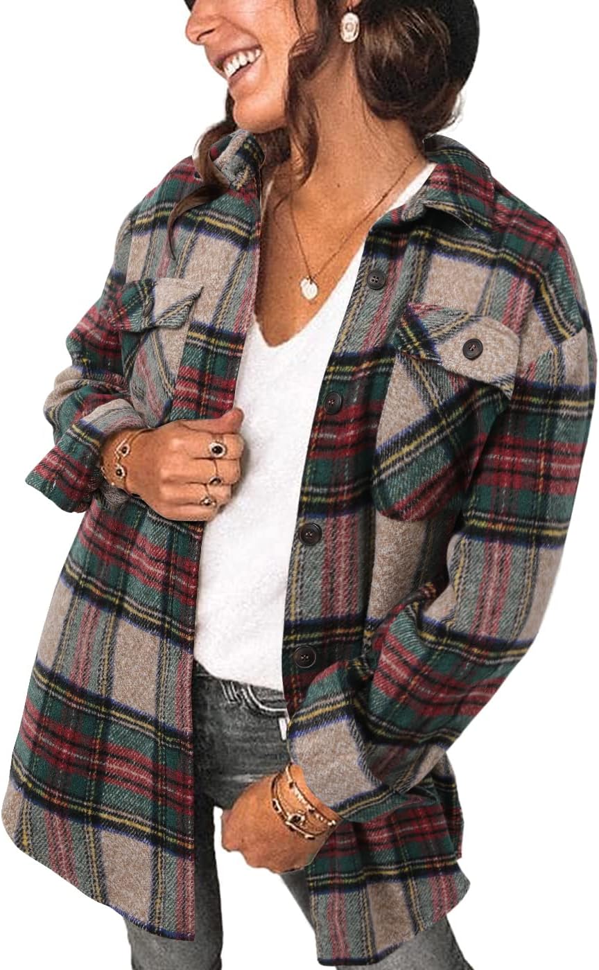 Women's Brushed Plaid Shirts Long Sleeve Flannel Shacket Jacket