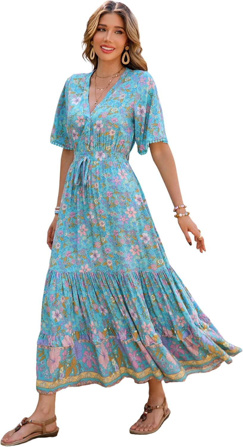 R.Vivimos Womens Summer Cotton Short Sleeve V Neck Floral Dress