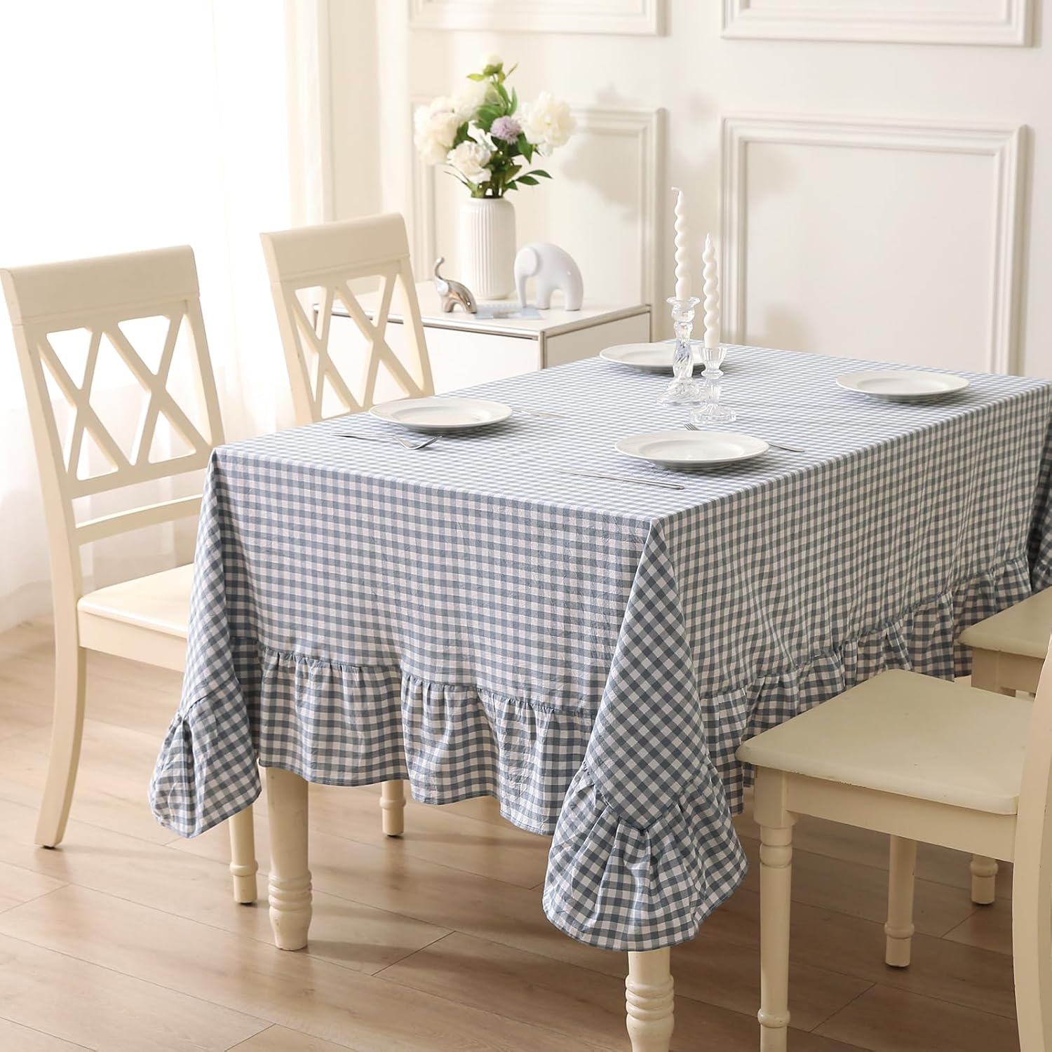Dust Blue White Plaid Ruffled Table Cloth for 8-10 Seats