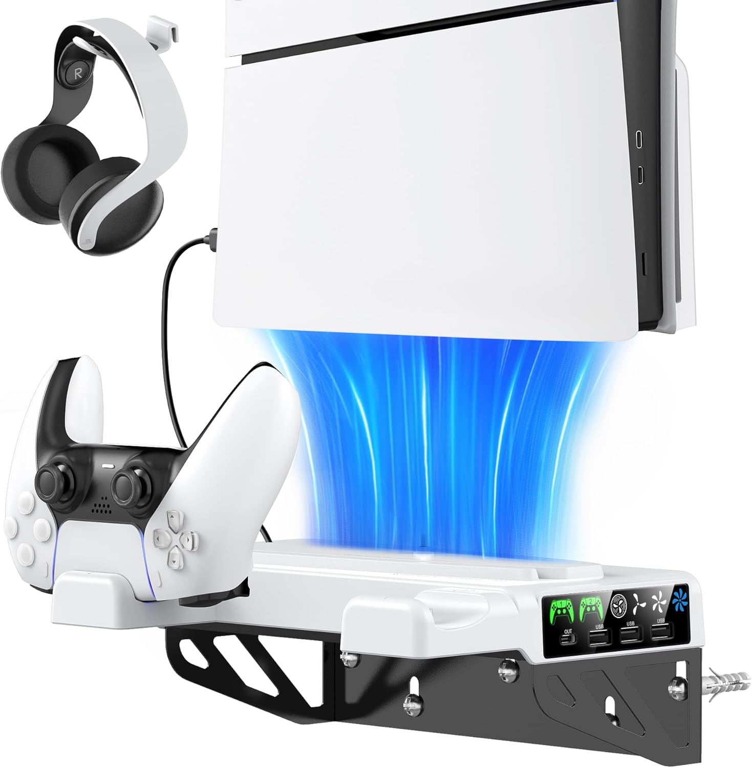 PS5 Wall Mount Kit with Cooling Fan & Charging Station for Consoles
