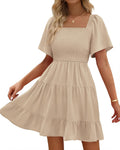 Smocked Square Neck Summer Mini Dress - Flattering Boho Swing