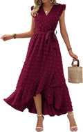 Women V Neck Swiss Dot Maxi Dress - Flowy Boho Wrap