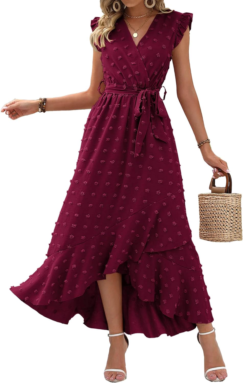 BTFBM Women V Neck Summer Dress Boho Flowy Ruffle Maxi