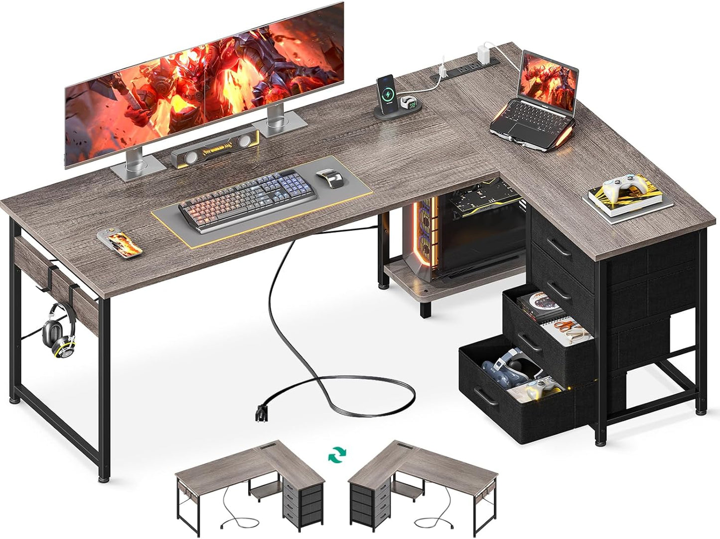 Premium L-Shaped Gaming Desk with Storage & Power