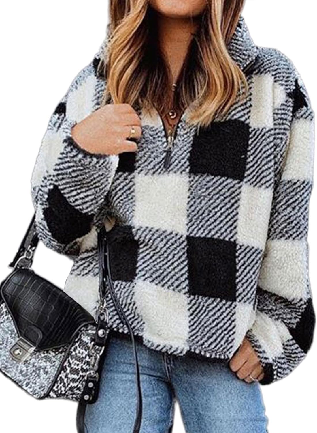 Womens Sweatshirt Sherpa Quarter Zip Pullover for Fall Winter