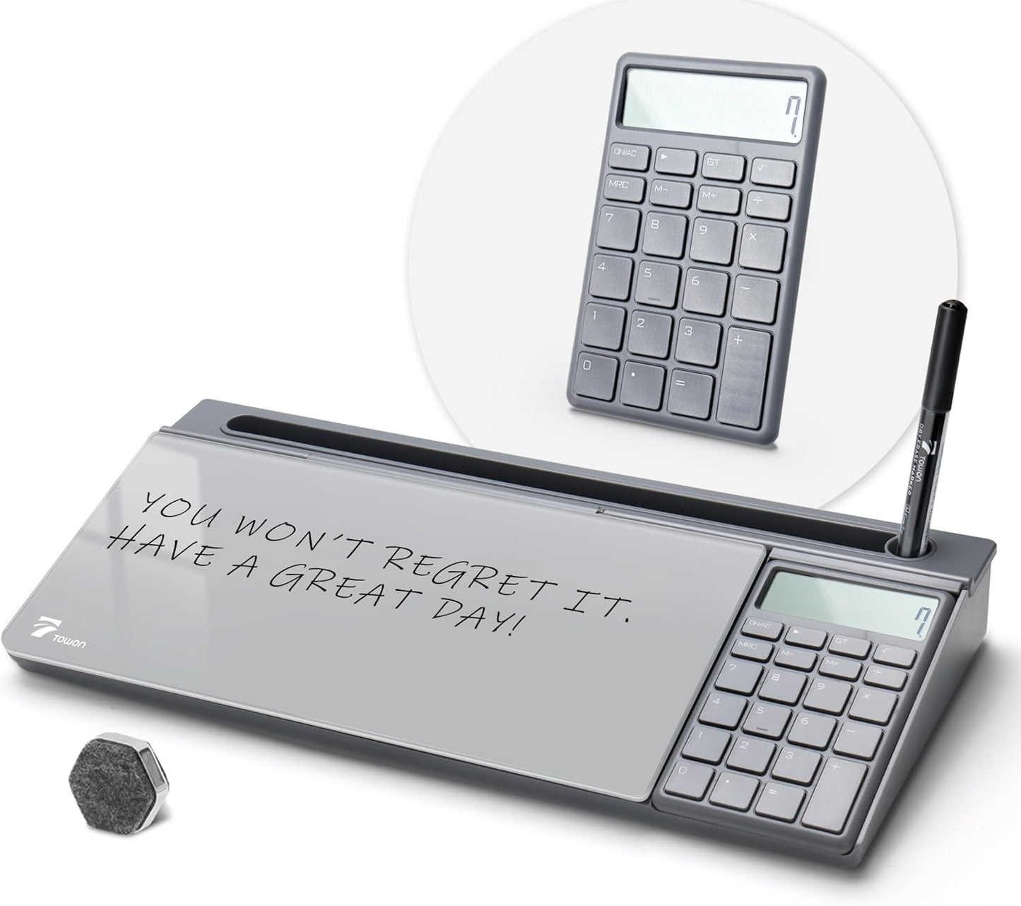 TOWON Desktop Glass Whiteboard with Calculator for Office Use