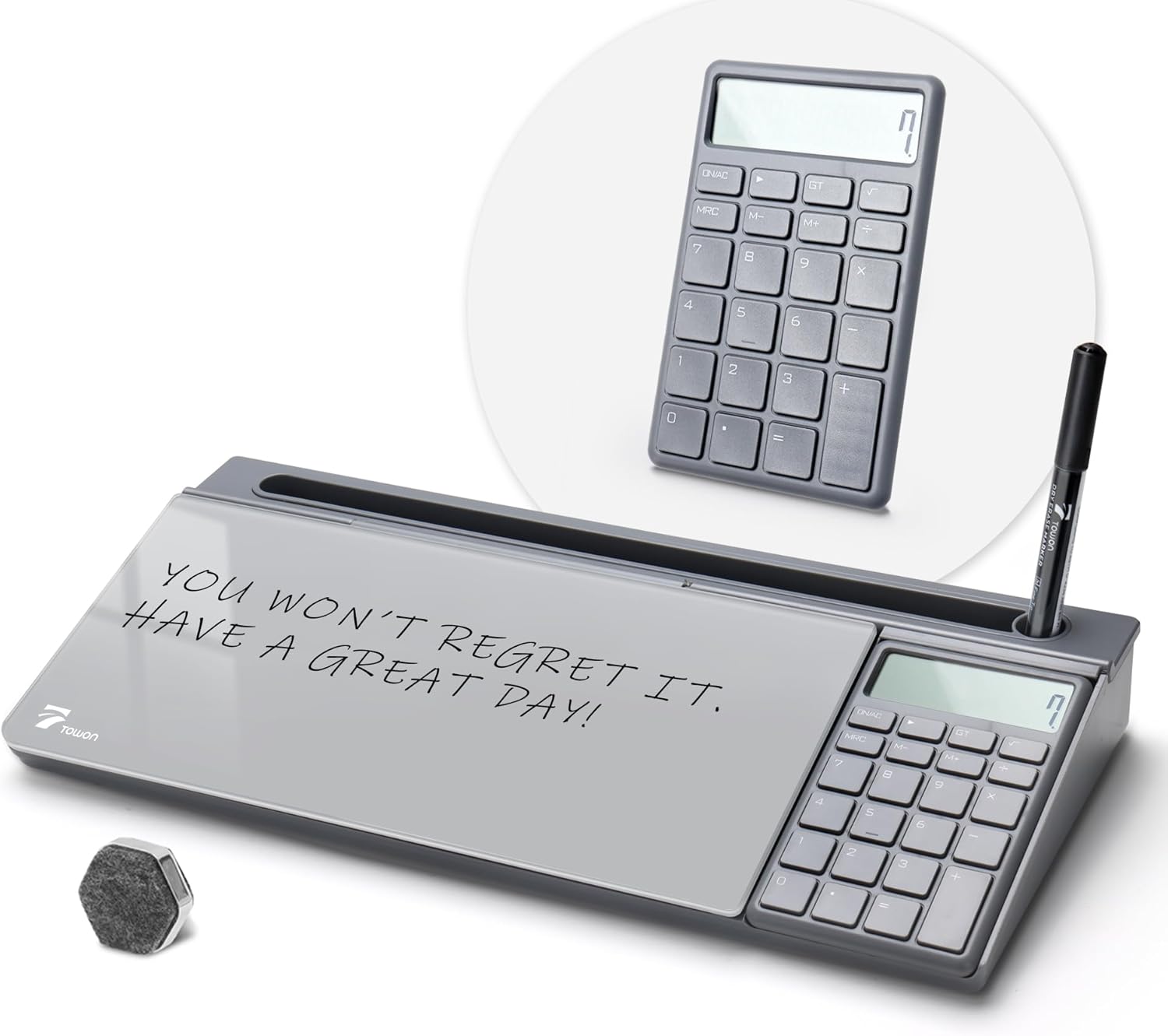 TOWON Desktop Glass Whiteboard with Calculator for Office Use