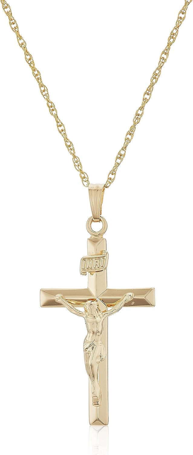14k Gold Filled Beveled Edge Embossed Crucifix Cross Necklace