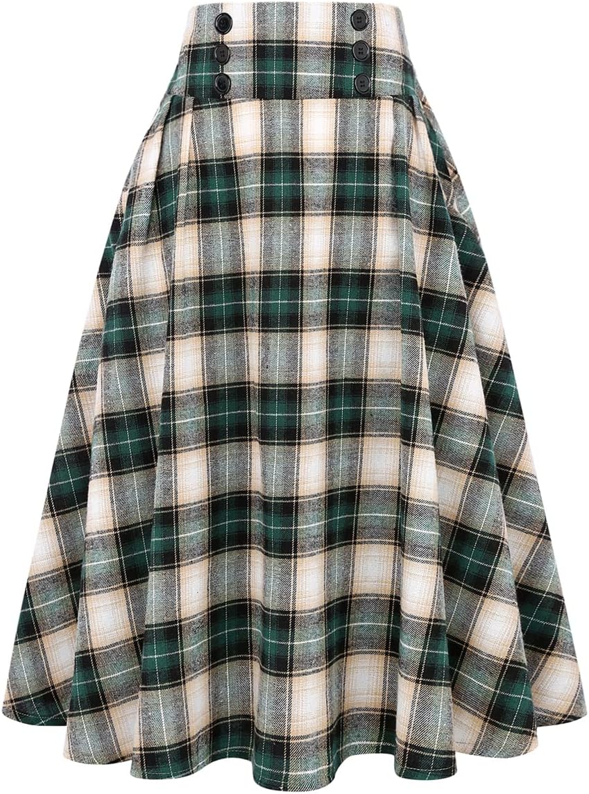 Plaid Skirt for Women High Waist Aline Pleated Midi Skirts