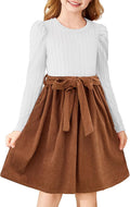 Girls Puff Sleeve Plaid Patchwork Belted Dress - With Pockets