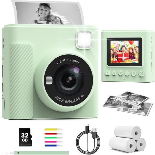 TIATUA Kids Instant Print Camera - 1080P HD Video, Green