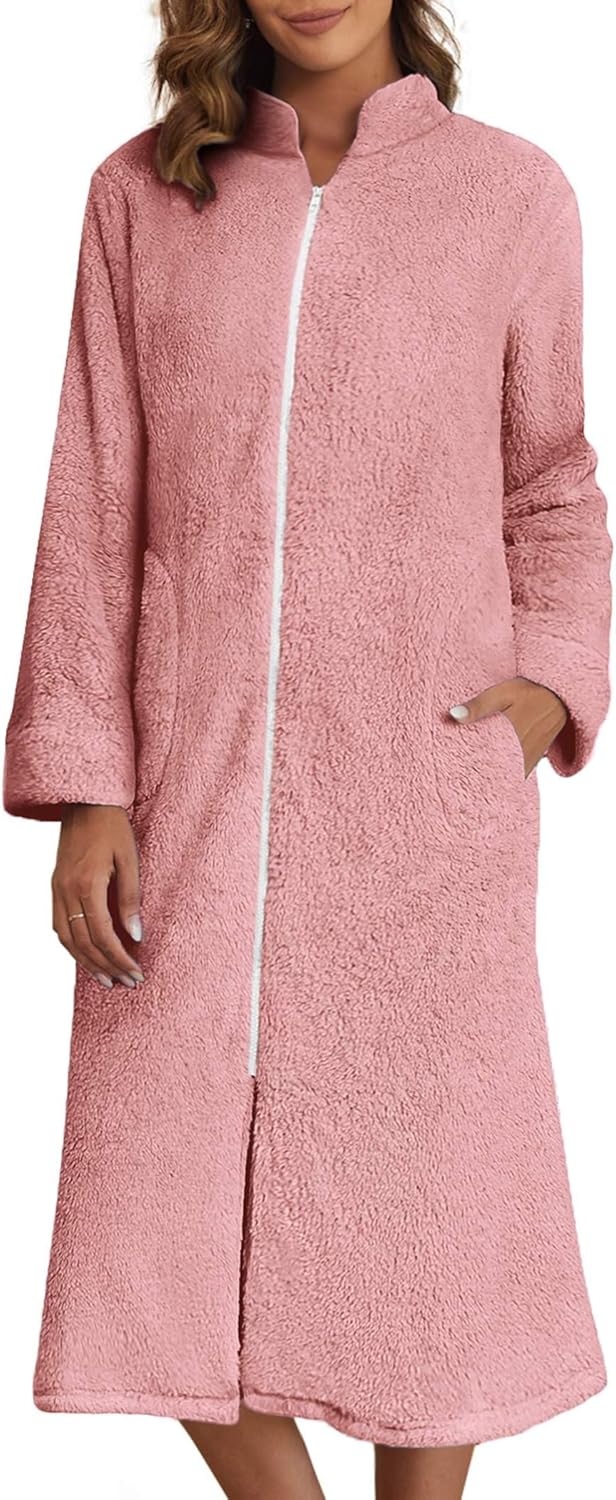 Ekouaer Women's Zip Up Robe Fleece Bathrobe for Cozy Comfort