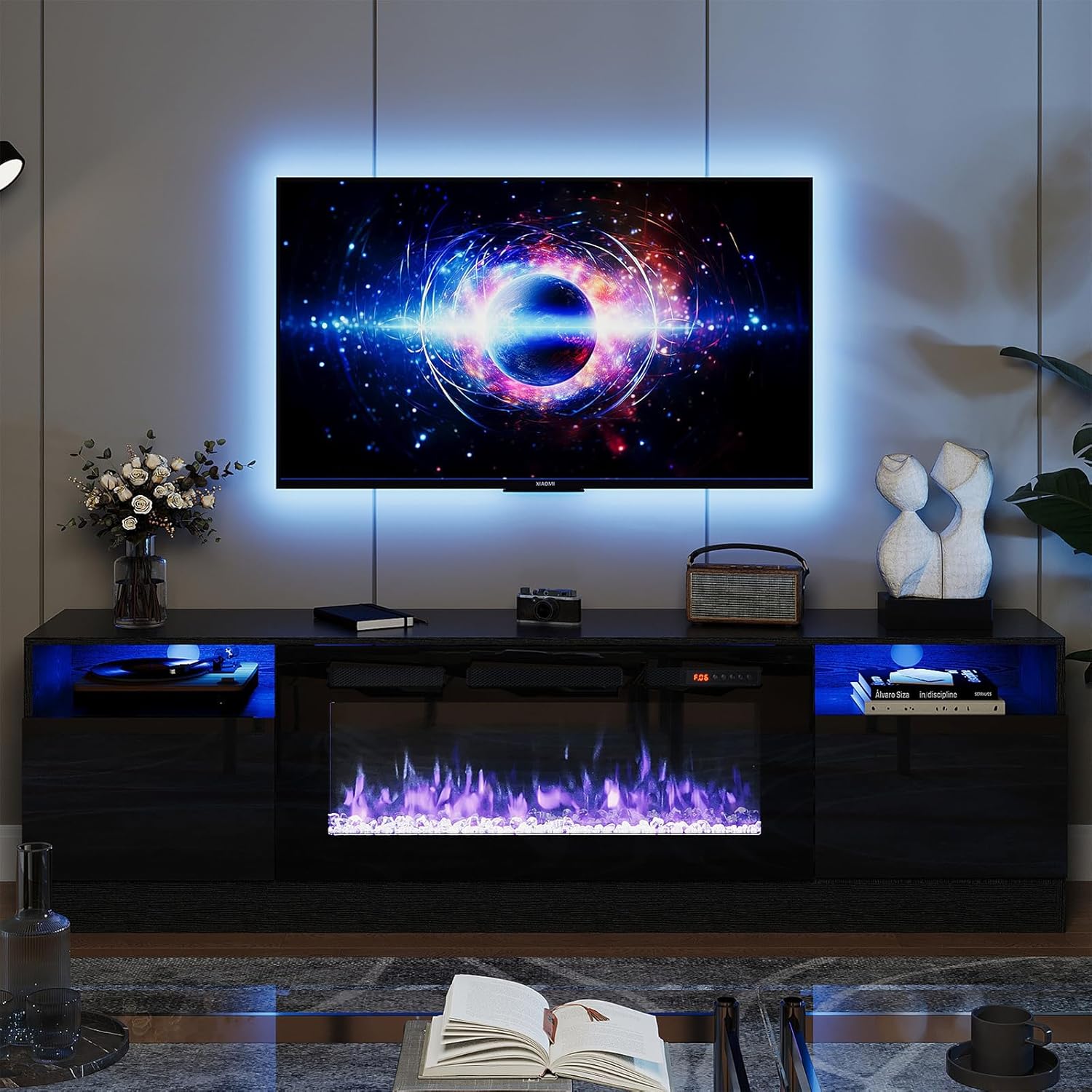 Modern Wood TV Stand with Electric Fireplace for Large TVs