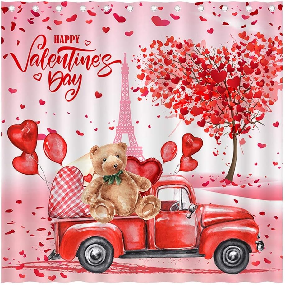 Valentine's Day Shower Curtain: Cute Bear & Red Truck Design, Waterproof Fabric, 12 Hooks - Juirnost