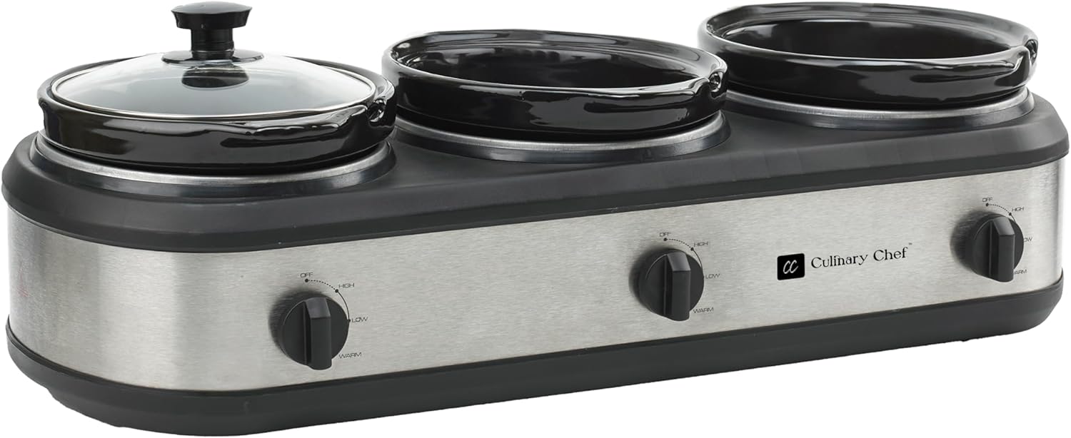 Triple Slow Cooker Buffet Server by Culinary Chef - Stainless Steel