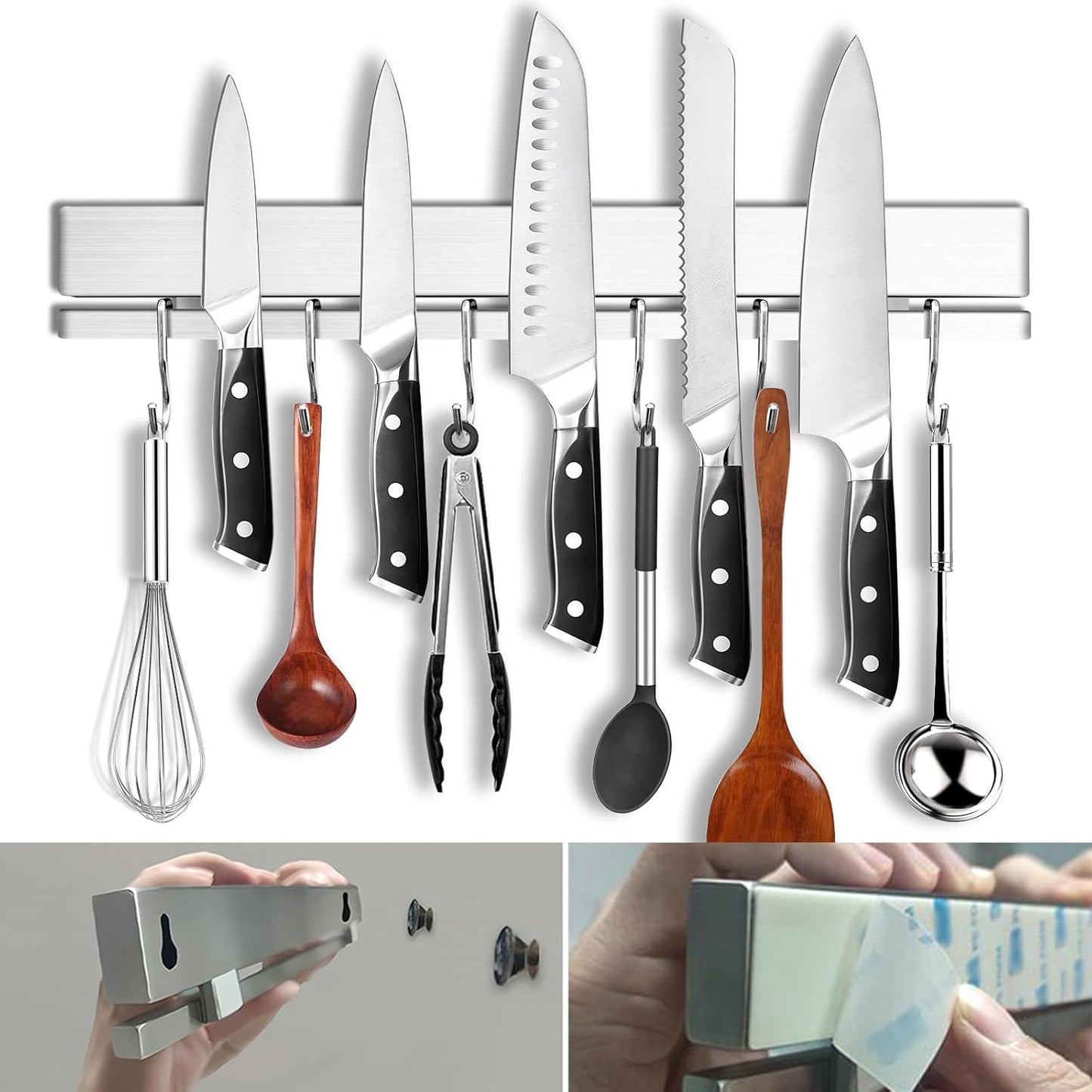 17 Inch Magnetic Knife Holder with Hooks for Kitchen Storage
