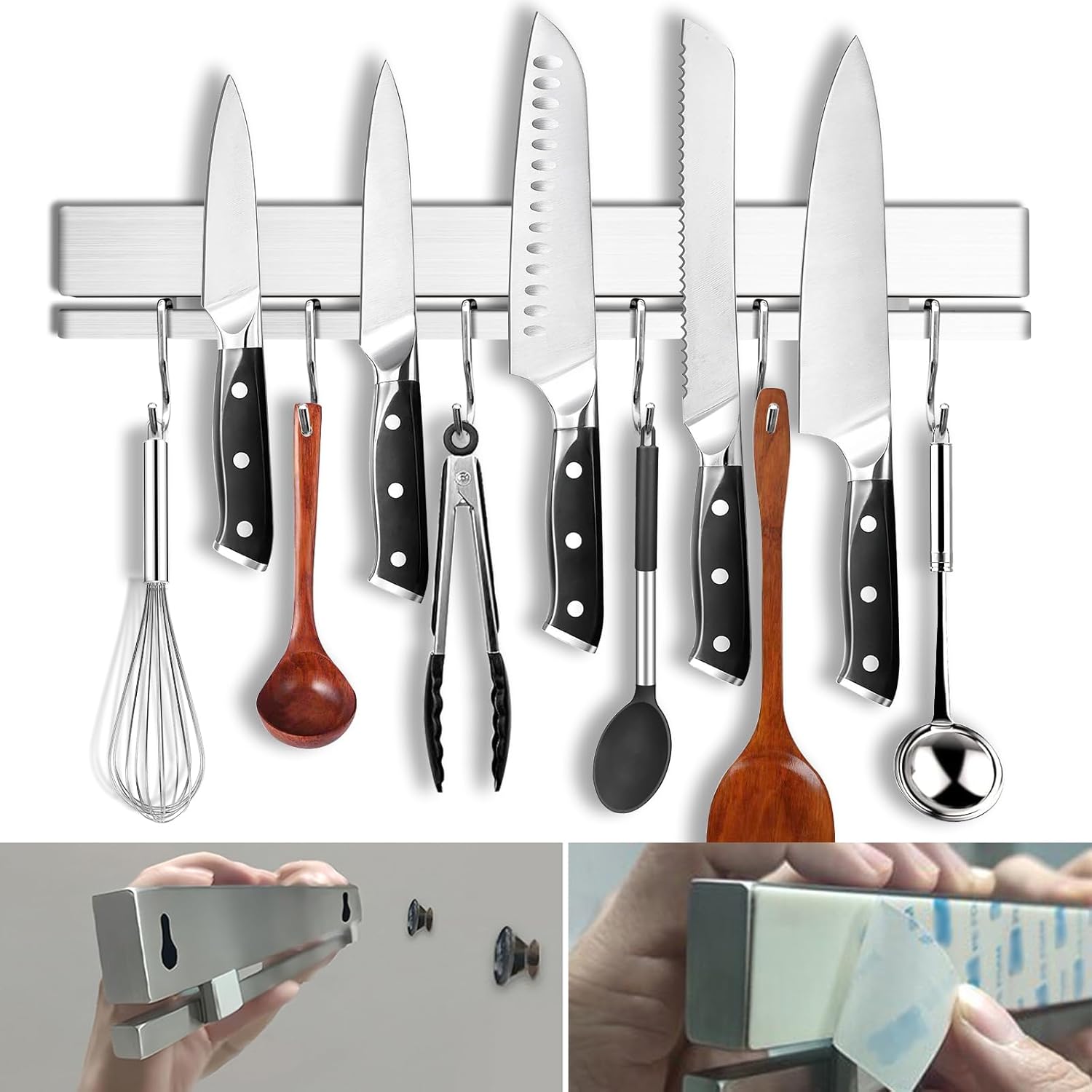17 Inch Magnetic Knife Holder with Hooks for Kitchen Storage