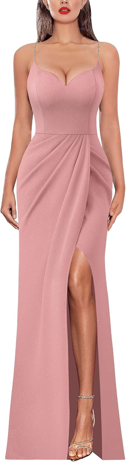 VFSHOW Womens Sexy Formal Ruched Fitted High Slit Maxi Dress