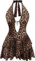 SOLY HUX Women's Leopard Print Halter Dress - Y2K Layered Ruffle Mini