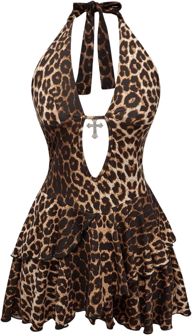 SOLY HUX Women's Leopard Print Halter Dress for Chic Style