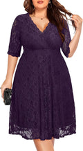 Women's Plus Size Purple Lace Wrap V Neck Knee Length Dress - Elegant