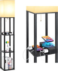 Modern Shelf Floor Lamp with Wireless Charger and USB C Ports - Black
