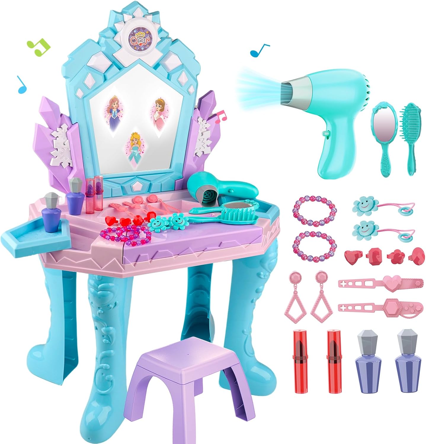 Toddler Vanity Magic Makeup Table Set for Girls with Music Light