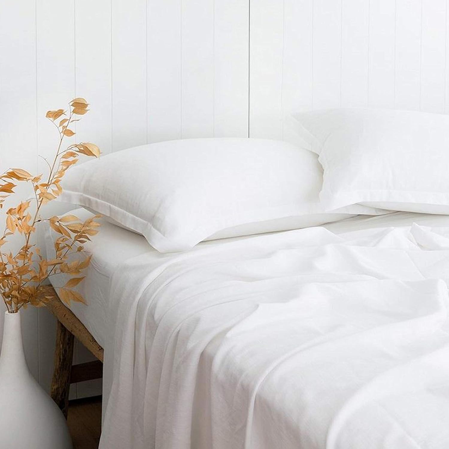 PANDATEX White Linen-Textured Bed Sheets Set for Queen Size