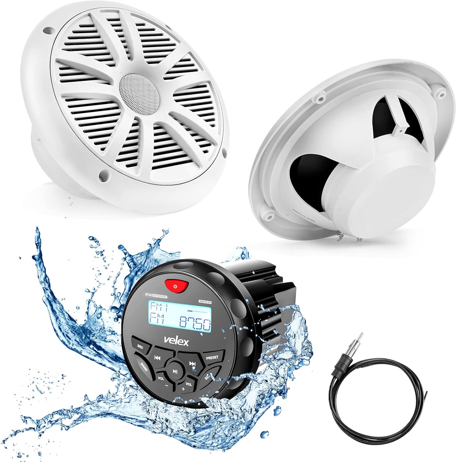 Marine Audio System Stereo Speaker Package with Bluetooth Streaming