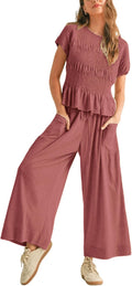 Elegant Women's Wide-Leg Pants Set with Smocked Top for Casual