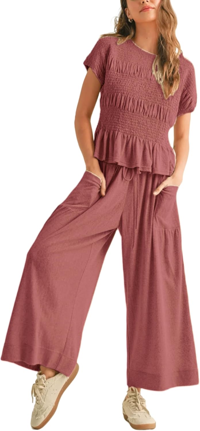 Womens 2 Piece Smocked Top Wide-Leg Pants Set for Casual Style