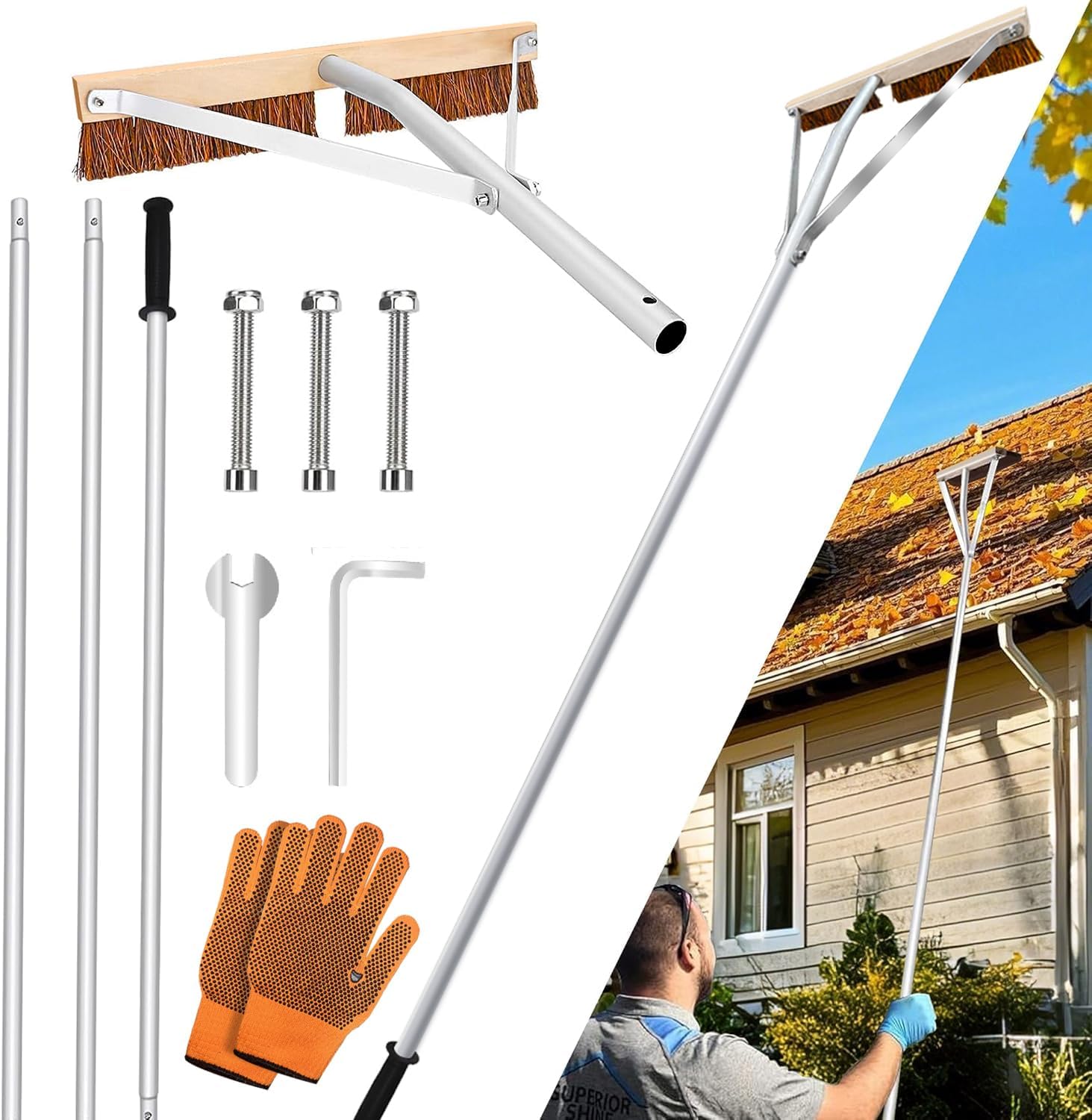 Leaf Roof Brush with Gloves for Easy Roof Cleaning Tasks