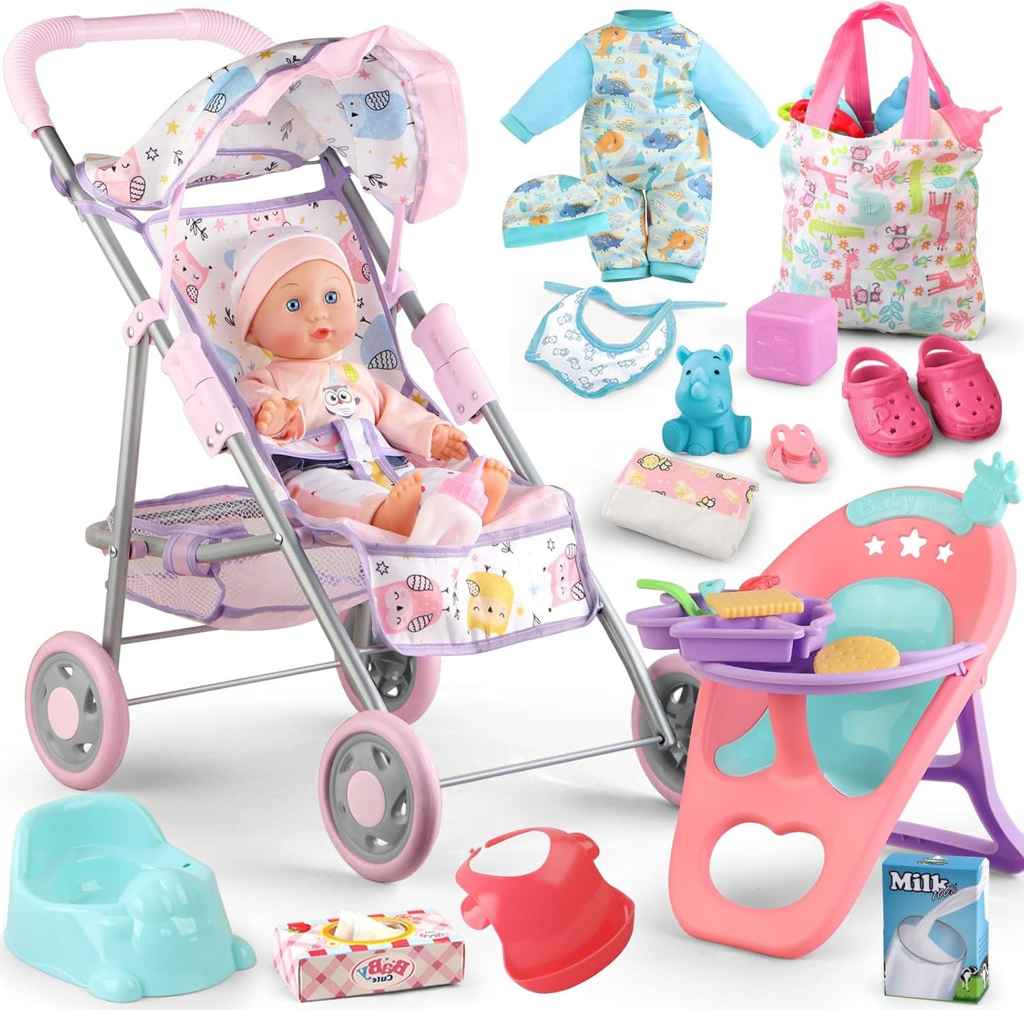 Baby Doll Stroller Play Set for Realistic Pretend Play Fun
