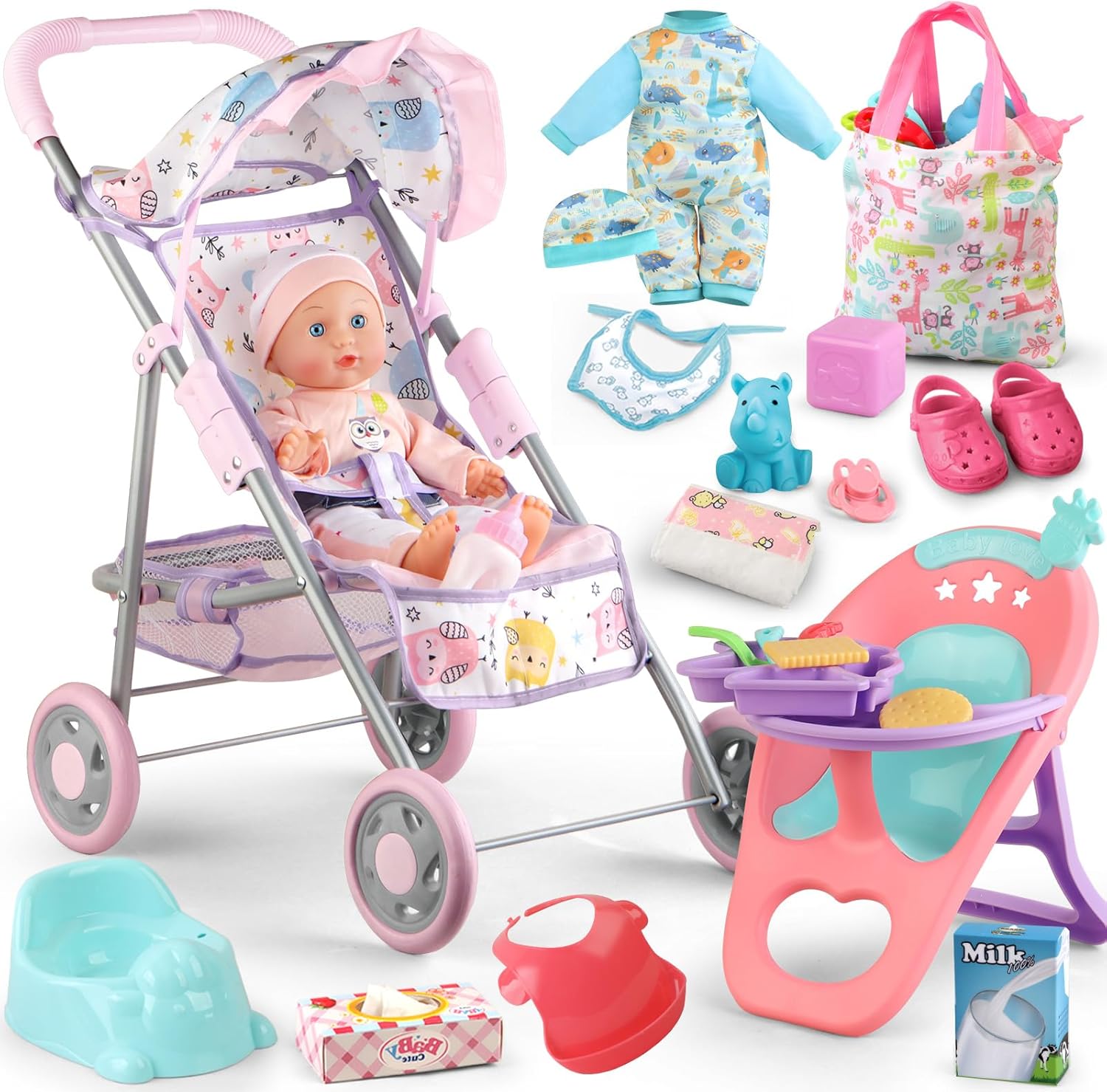 Baby Doll Stroller Play Set for Realistic Pretend Play Fun