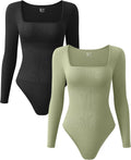 OQQ Women's Ribbed Square Neck Long Sleeve Bodysuits - 2 Pack Super