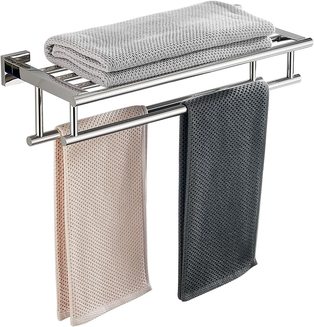 20 Inch Double Towel Rack with Shelf for Modern Bathrooms