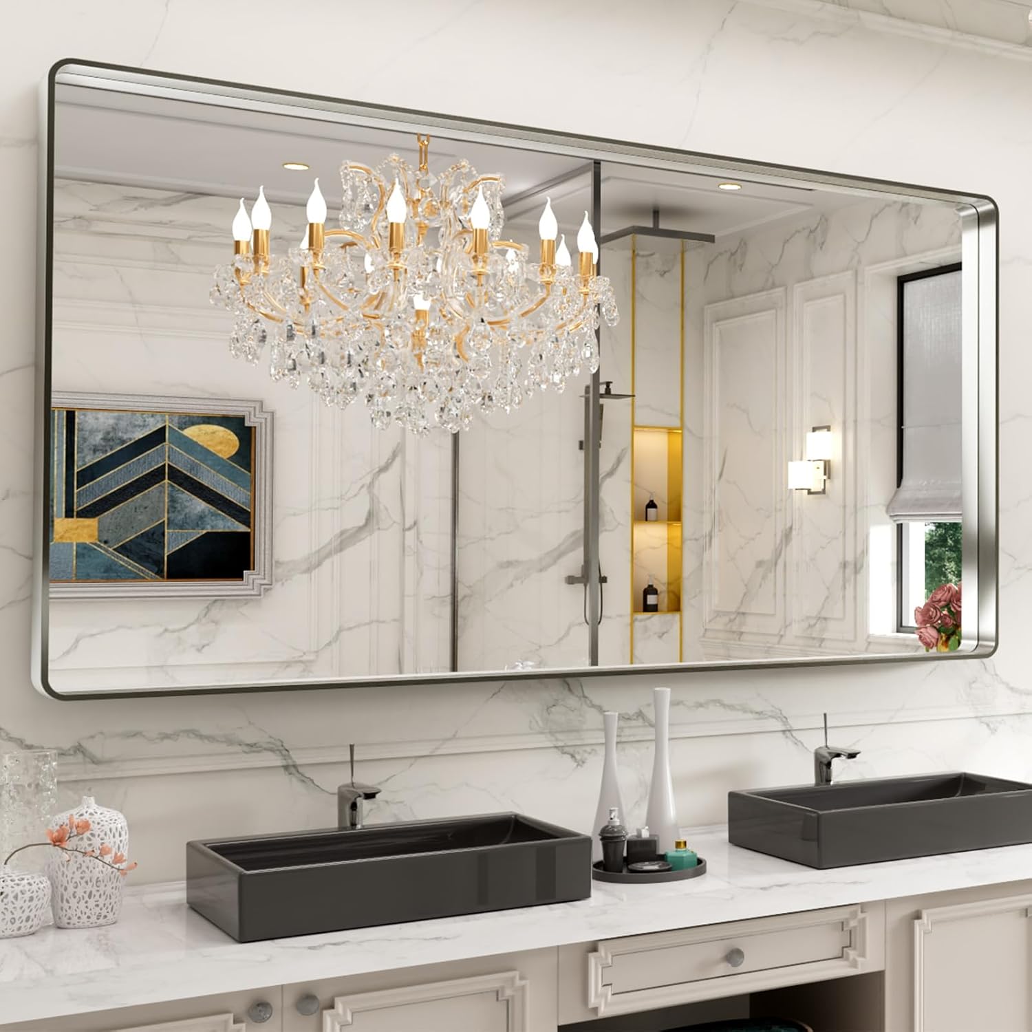 Brushed Nickel Bathroom Mirror with Rounded Rectangle Design