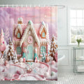 Christmas Shower Curtain Winter Pink Gingerbread House - Waterproof