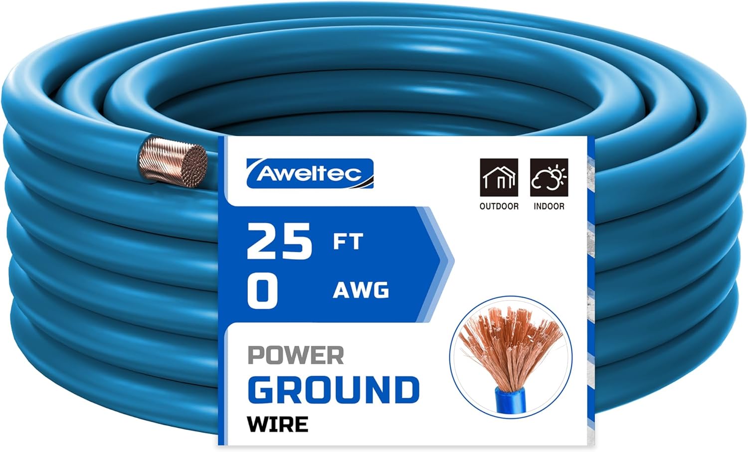 0 Gauge Wire 25 Feet Blue Power Ground Cable for Automotive Use