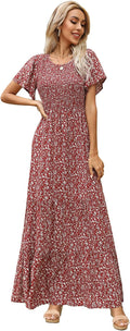Kranda Women Summer Fall Smocked Floral Maxi Dress - Flowy Comfort