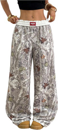 Women's Letter Leopard Print Straight Leg Pants - Y2K Elastic Waist on