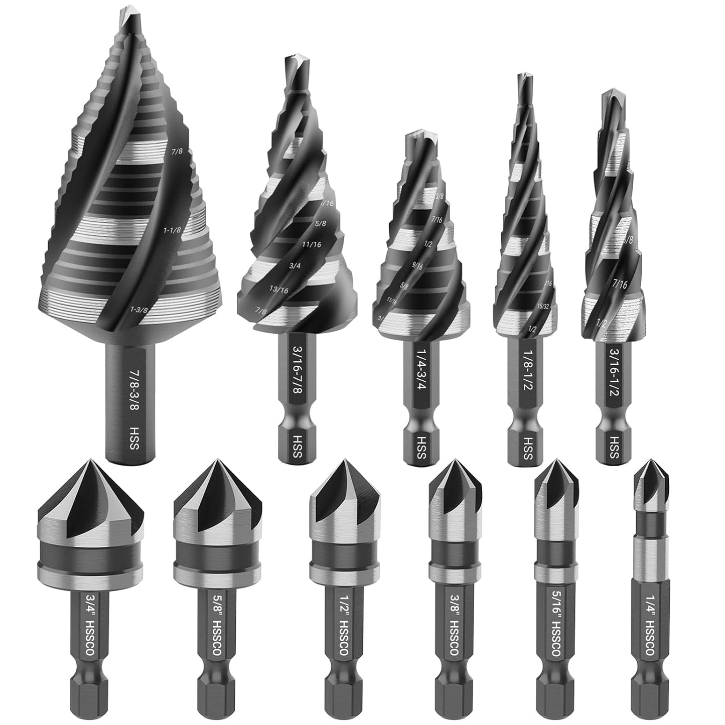 5 Pcs Four Spiral Flute Step Drill Bit Set for Metal and Wood