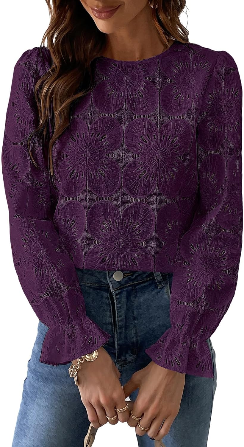 CUPSHE Women Eyelet Long Sleeve Tops for Dressy Casual Wear