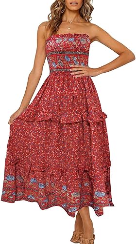 ZESICA Women's Summer Bohemian Floral Strapless Maxi Dress