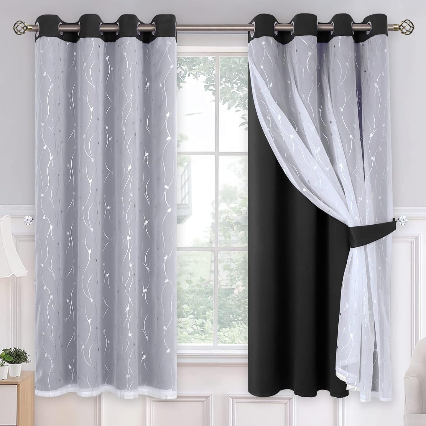 Double Layer Blackout Curtains, Silver Tulle, Thermal Insulated, 2 Panels 52x63